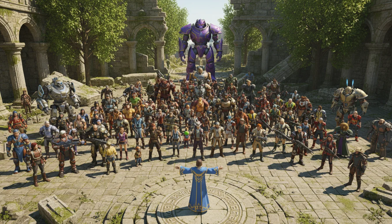 High-angle cinematic wide shot of a massive group of diverse video game characters, 3D render, Unreal Engine 5 style. Over a hundred unique assets, from sci-fi mechs and fantasy monsters to armored soldiers and mages, are gathered together in an ancient stone courtyard. The environment features crumbling ruins, large stone blocks, and lush green trees. One character stands in the foreground on a circular dais, facing the crowd. A giant, imposing robot with purple glowing elements is visible in the background. The scene is illuminated by bright, natural daylight with soft global illumination and realistic shadows, showcasing highly detailed textures.