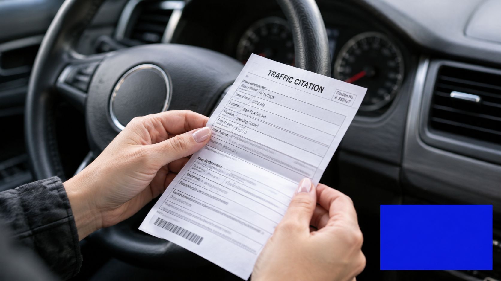 A person holding a traffic citation document while sitting in the driver seat of a car.