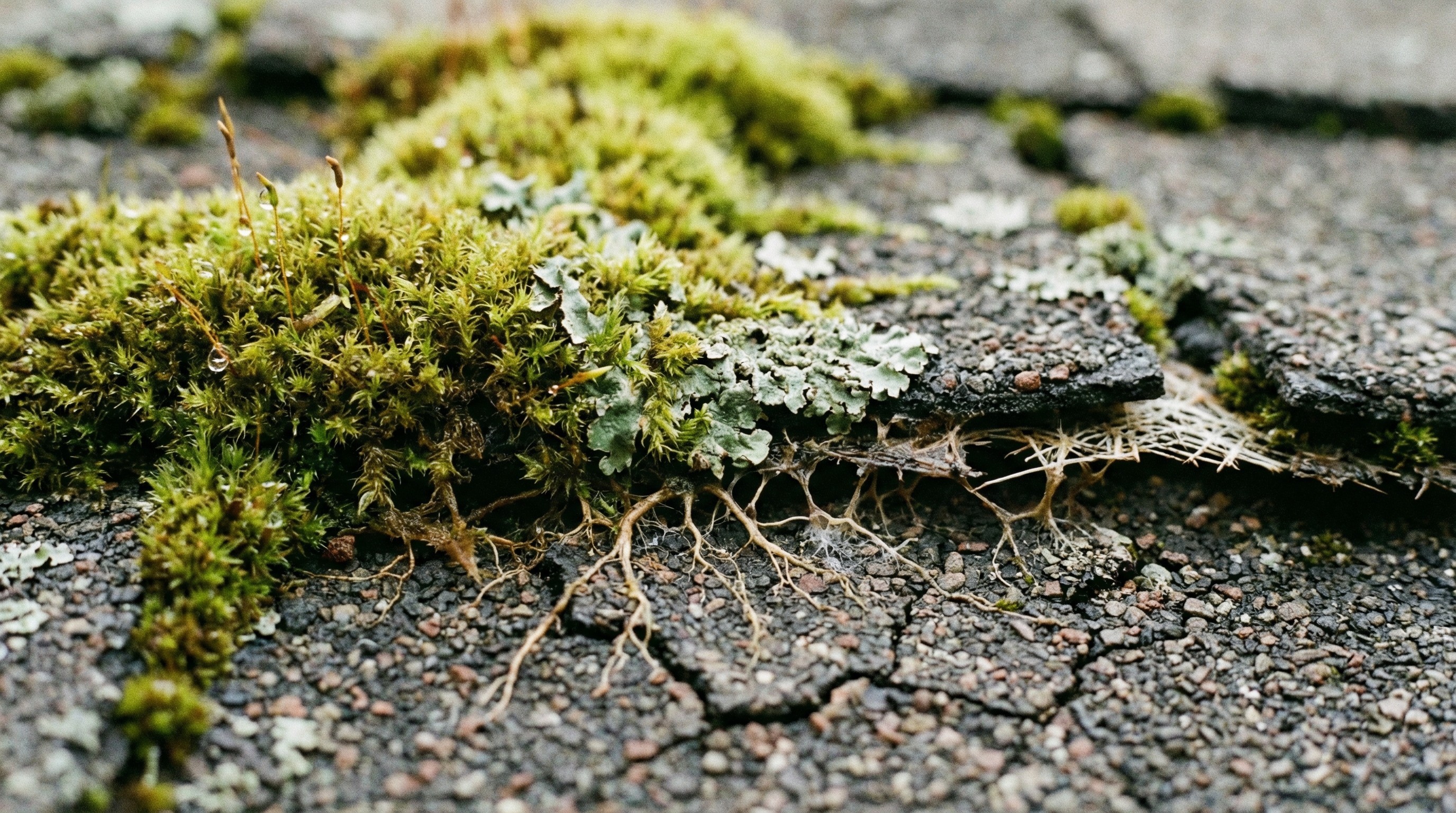 Close-up of moss roots lifting asphalt shingles and trapping moisture.