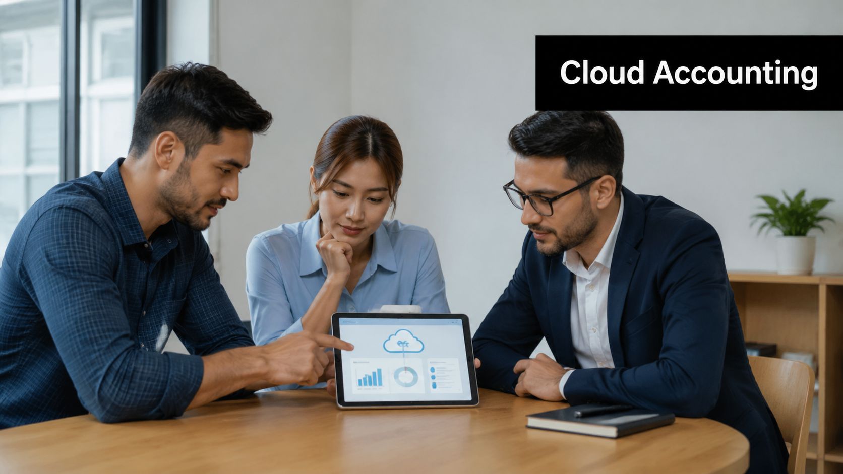 A diverse group of business professionals discussing digital cloud accounting software on a tablet in an office.