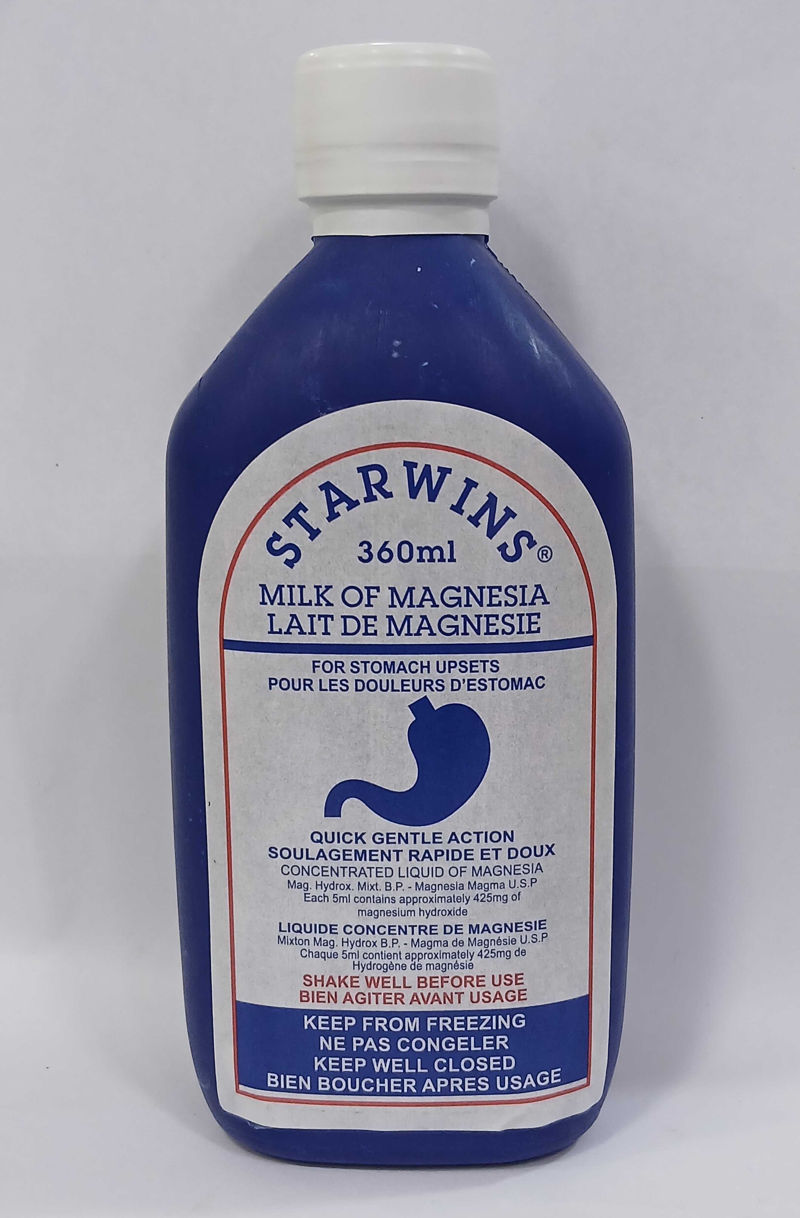 A blue plastic bottle with a white label displays text in English and French, showing a 360 milliliter capacity and instructions for internal use.