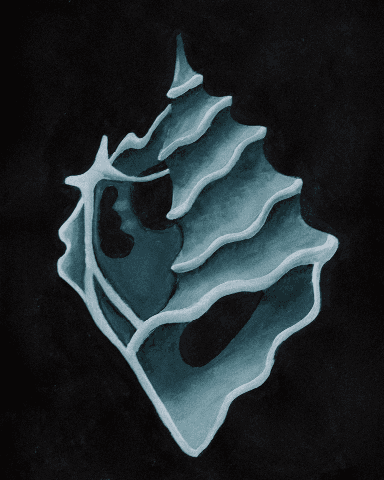 Sea snail — abstract acrylic painting of shell form on black background, 15x20 acrylic on paper