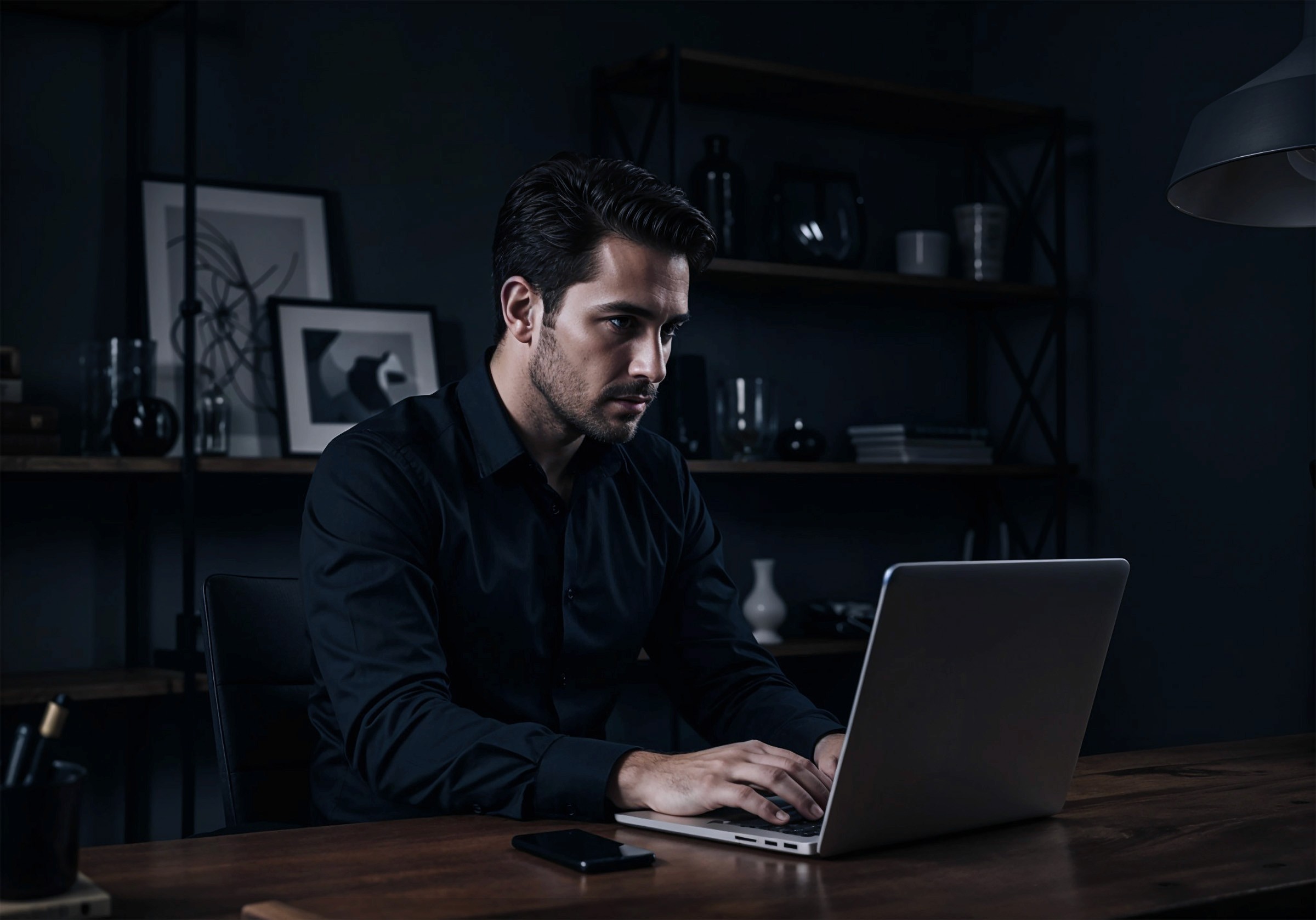 Man Using Laptop in home office