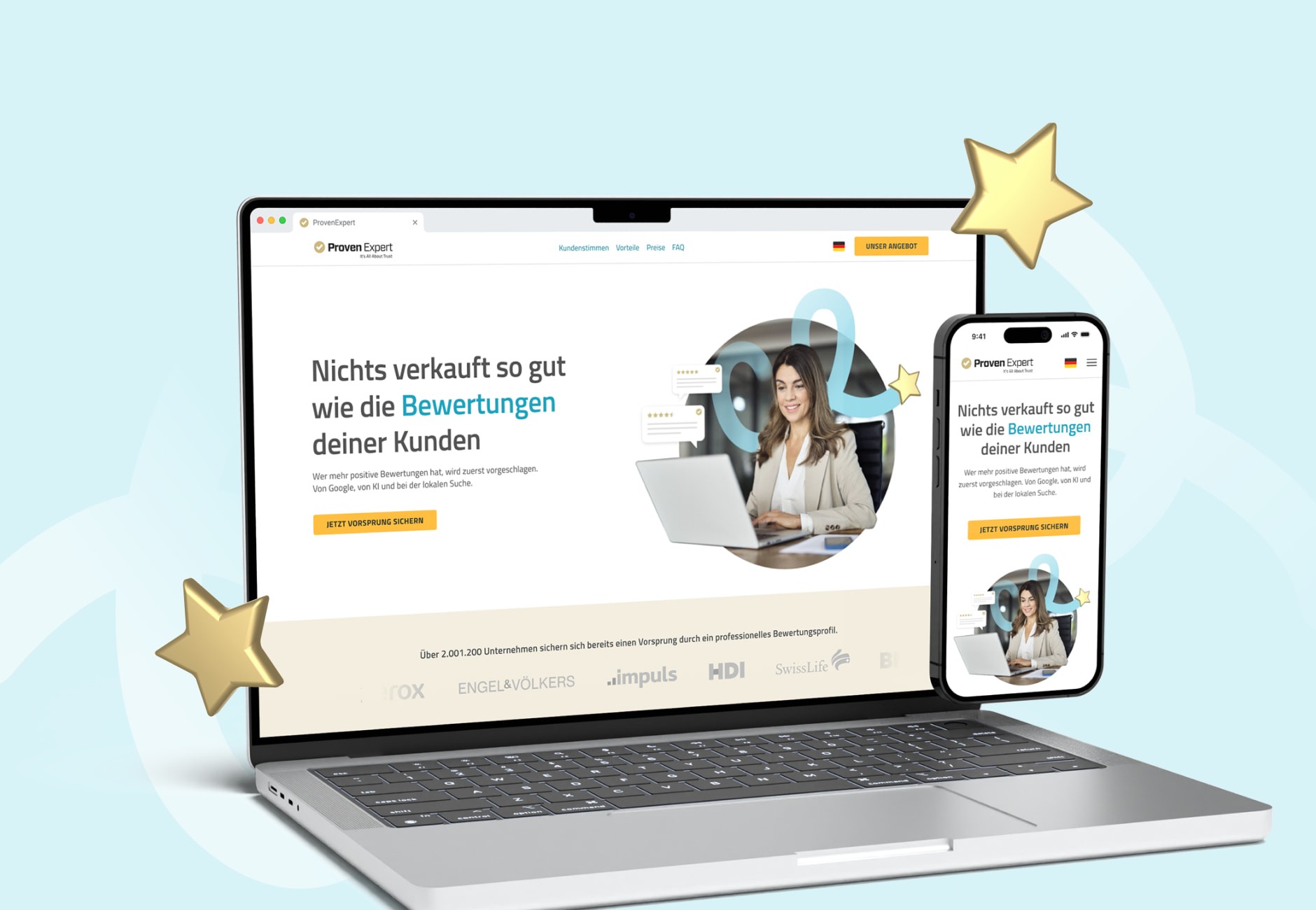 Desktop and mobile mockup of the ProvenExpert landing page with hero headline, portrait photo, and orange CTA.