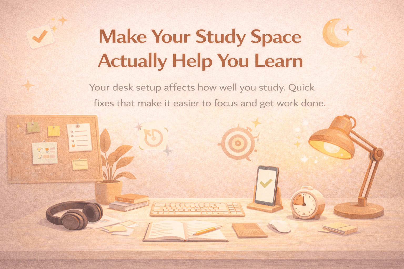 Tidy study desk with warm colors, lamp, books, notebook, and timer showing how a good setup helps you focus and learn better.