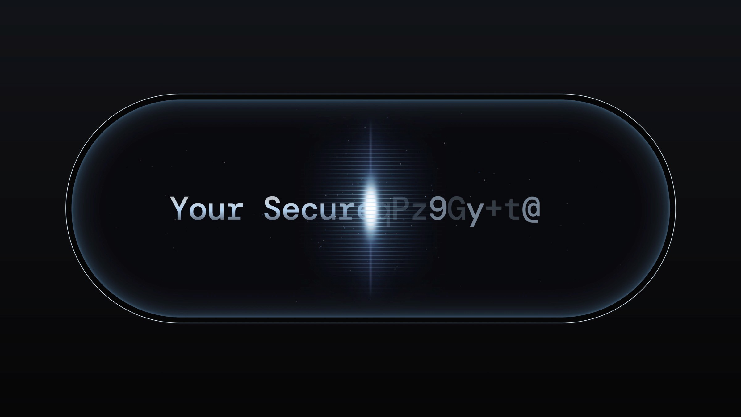 Futuristic dark interface displaying 'Your Secure' followed by a encrypted version fo the text, with a glowing central light effect 