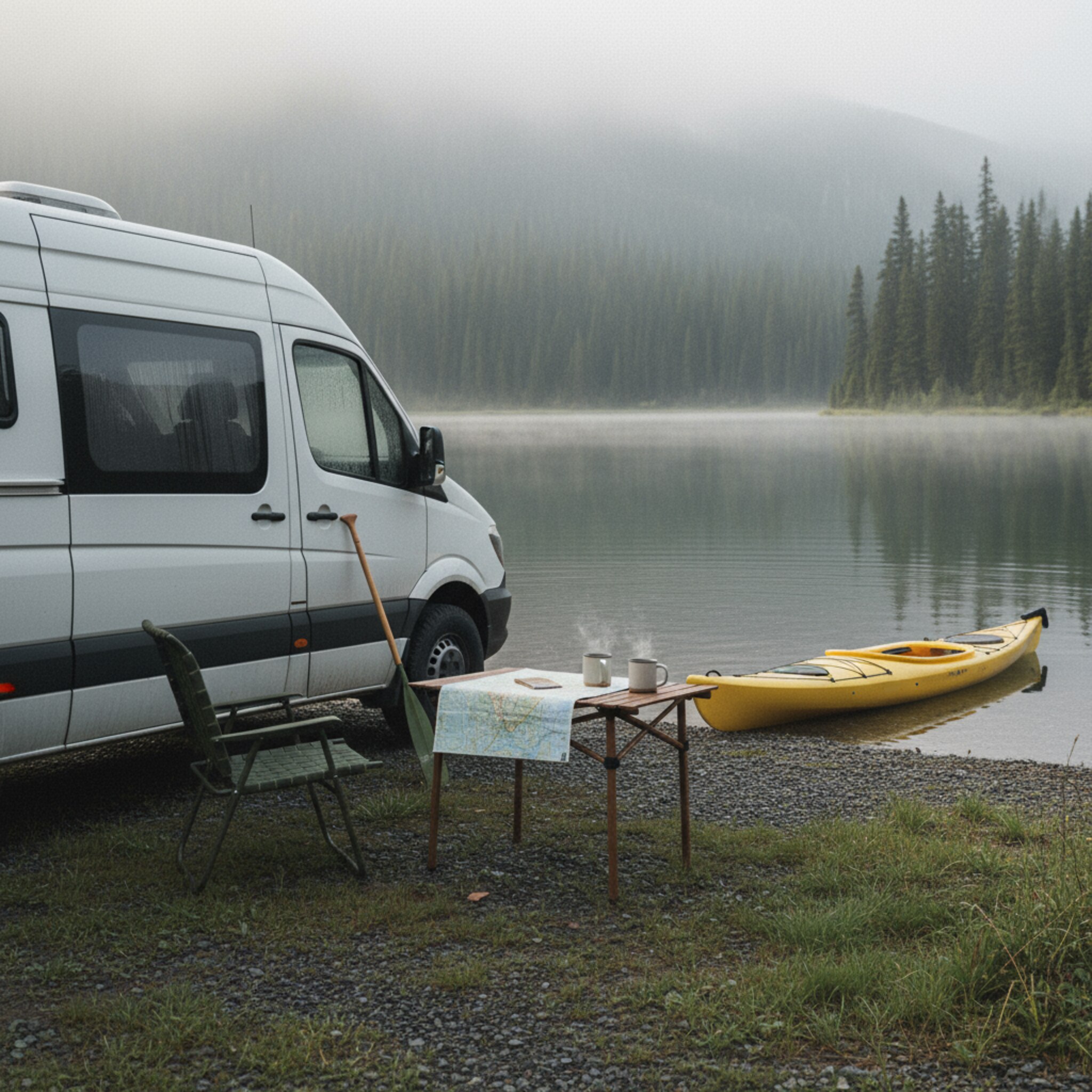 Ein weißer Camper steht im weichen Morgenlicht am Rand eines Bergsees. Dampf steigt aus zwei Bechern auf einem kleinen Campingtisch, daneben liegt eine gefaltete Landkarte. Ein Kajak liegt am Ufer, die Wasseroberfläche ist glatt und klar. Im Hintergrund zeichnen sich Tannen im Nebel ab, Ruhe und Aufbruch liegen in der Luft.