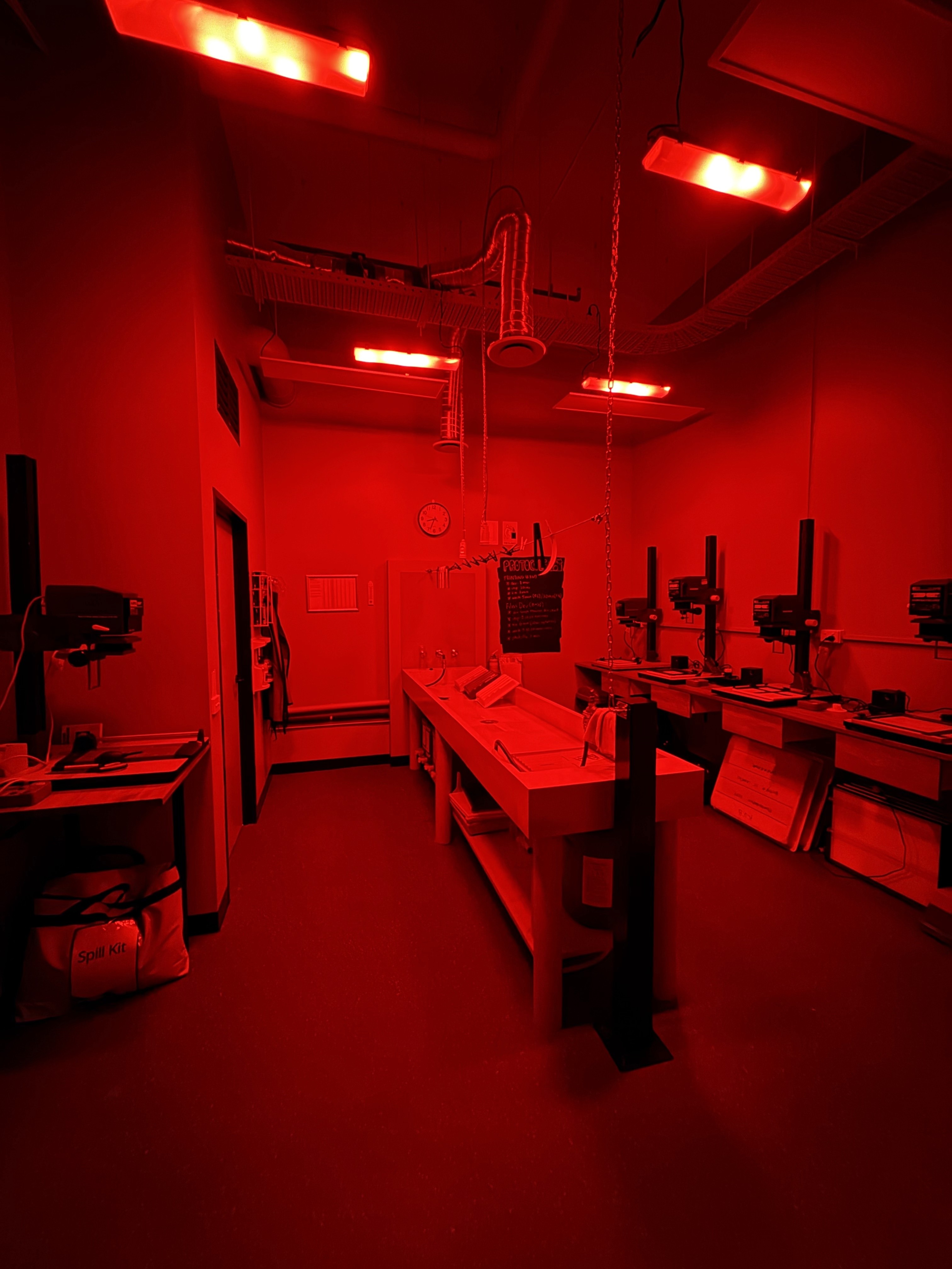 Wide Darkroom under safelight at Brunswick Darkroom