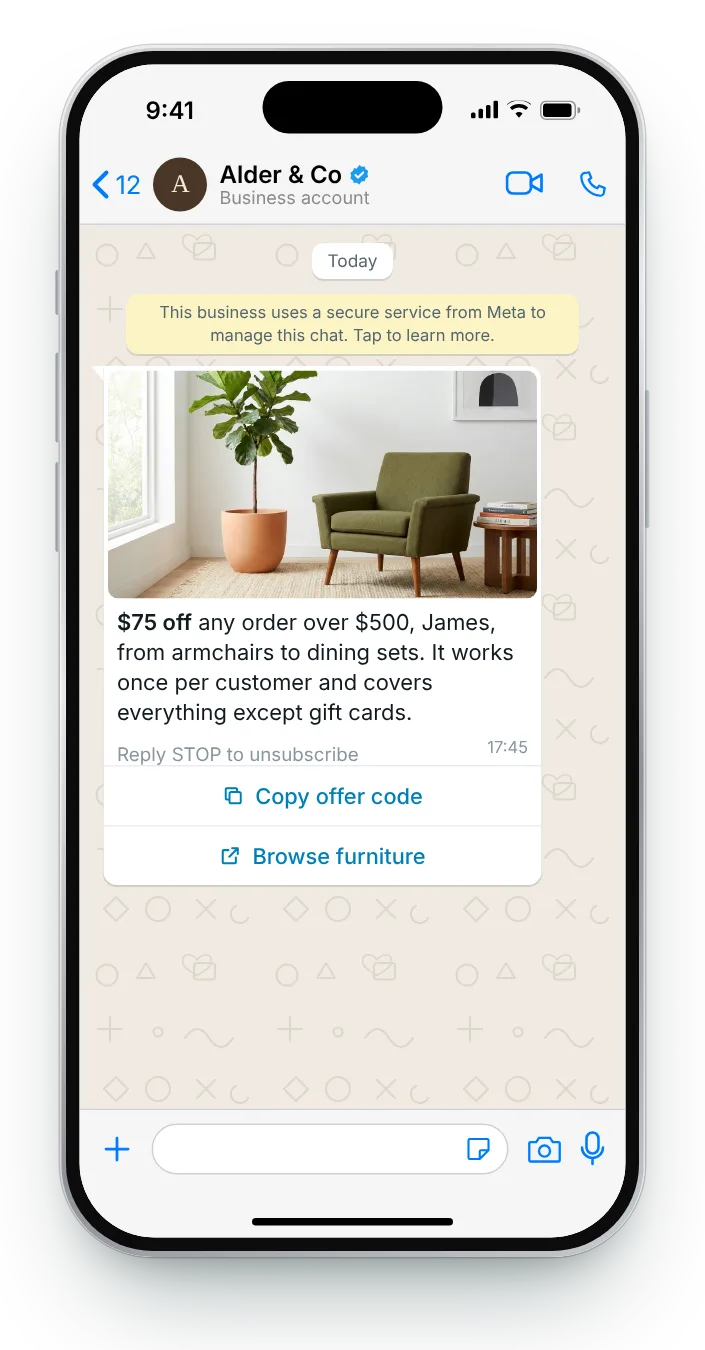 Discount above a minimum basket: WhatsApp coupon code message on an iPhone