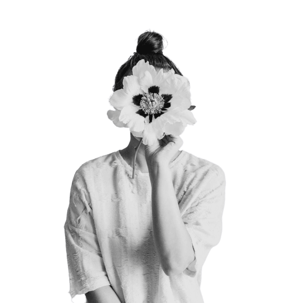 Animated black-and-white portrait of a woman with a flower, featuring a glitch effect that distorts and restores the bloom
