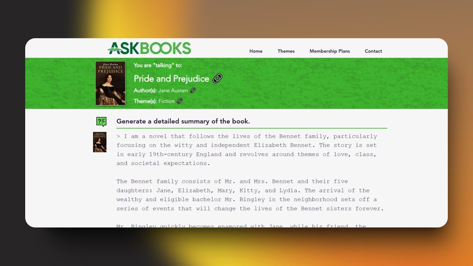 image of a book summary platform displaying "Pride and Prejudice" by Jane Austen with key themes, characters, and membership options.