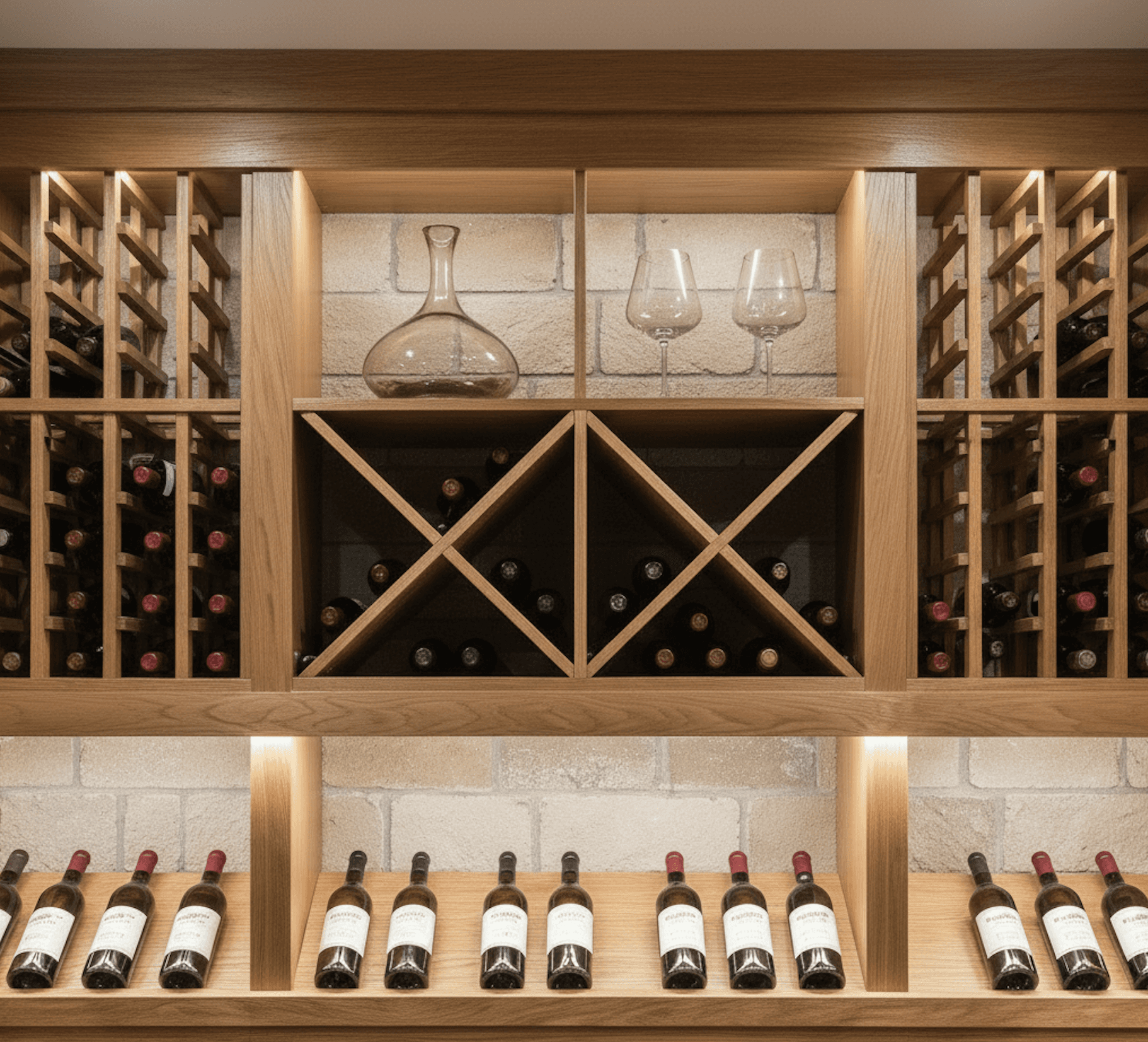 Central wall view showing diamond bin wine storage and display shelves, accentuated with modern lighting and natural materials.