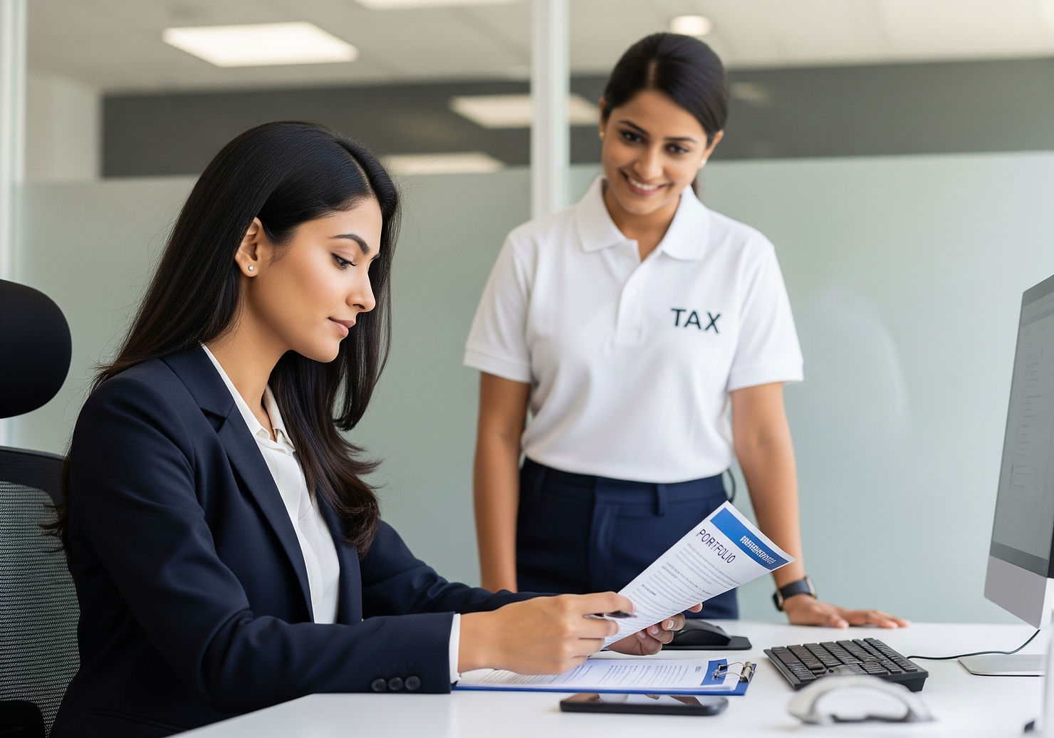 Woman in a navy blazer reads a "PORTFOLIO" document at a desk, while another smiles in a "TAX" shirt in a modern office.