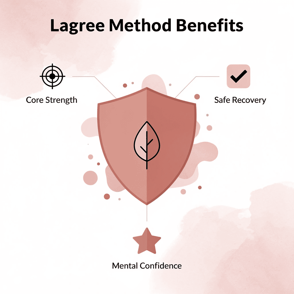 Shield badge showing Lagree Method benefits for postpartum women