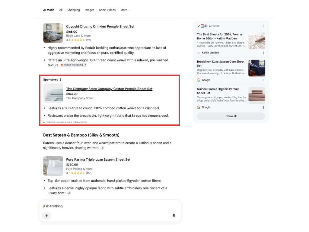 Google AI Mode in-line singular shopping ads