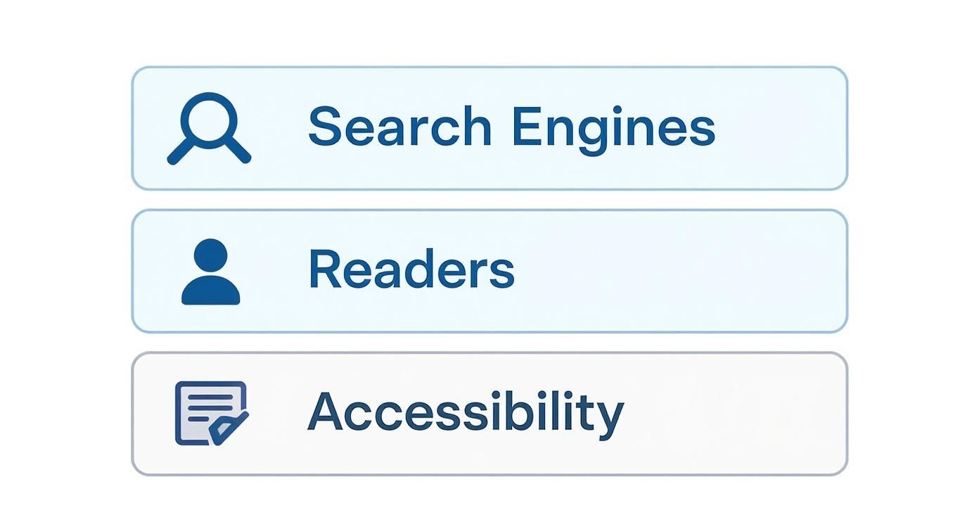 Three user interface options: Search Engines, Readers, and Accessibility, each depicted with a relevant icon.