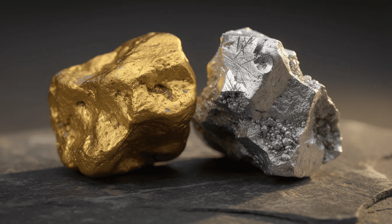 A close-up photograph showcases a shiny gold nugget alongside a piece of native silver ore, both resting on a dark surface. This striking contrast highlights the unique properties of these two precious metals, gold and silver, emphasizing their intrinsic value and distinct appearances.