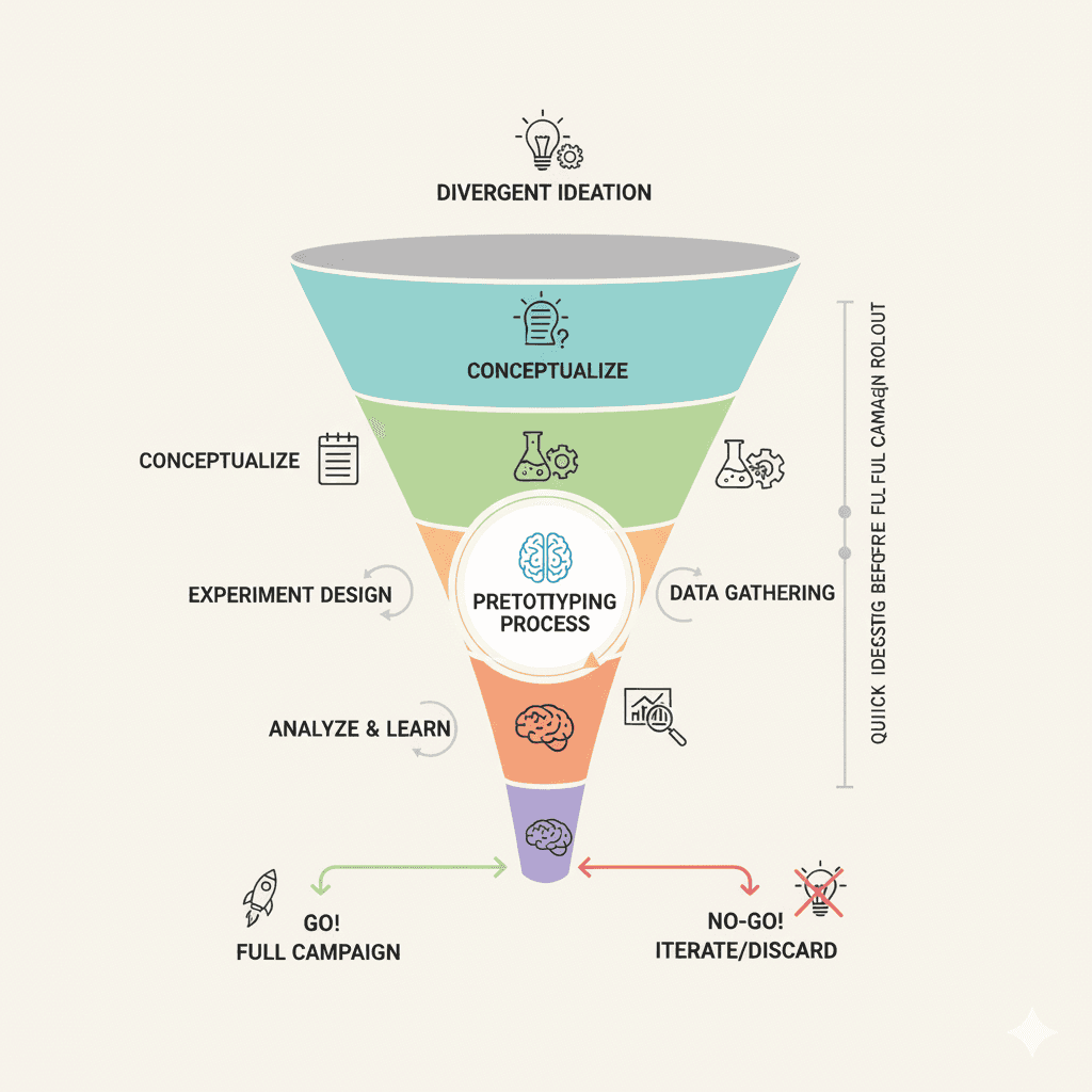 Pretotyping funnel showing quick idea testing before full campaign rollout.