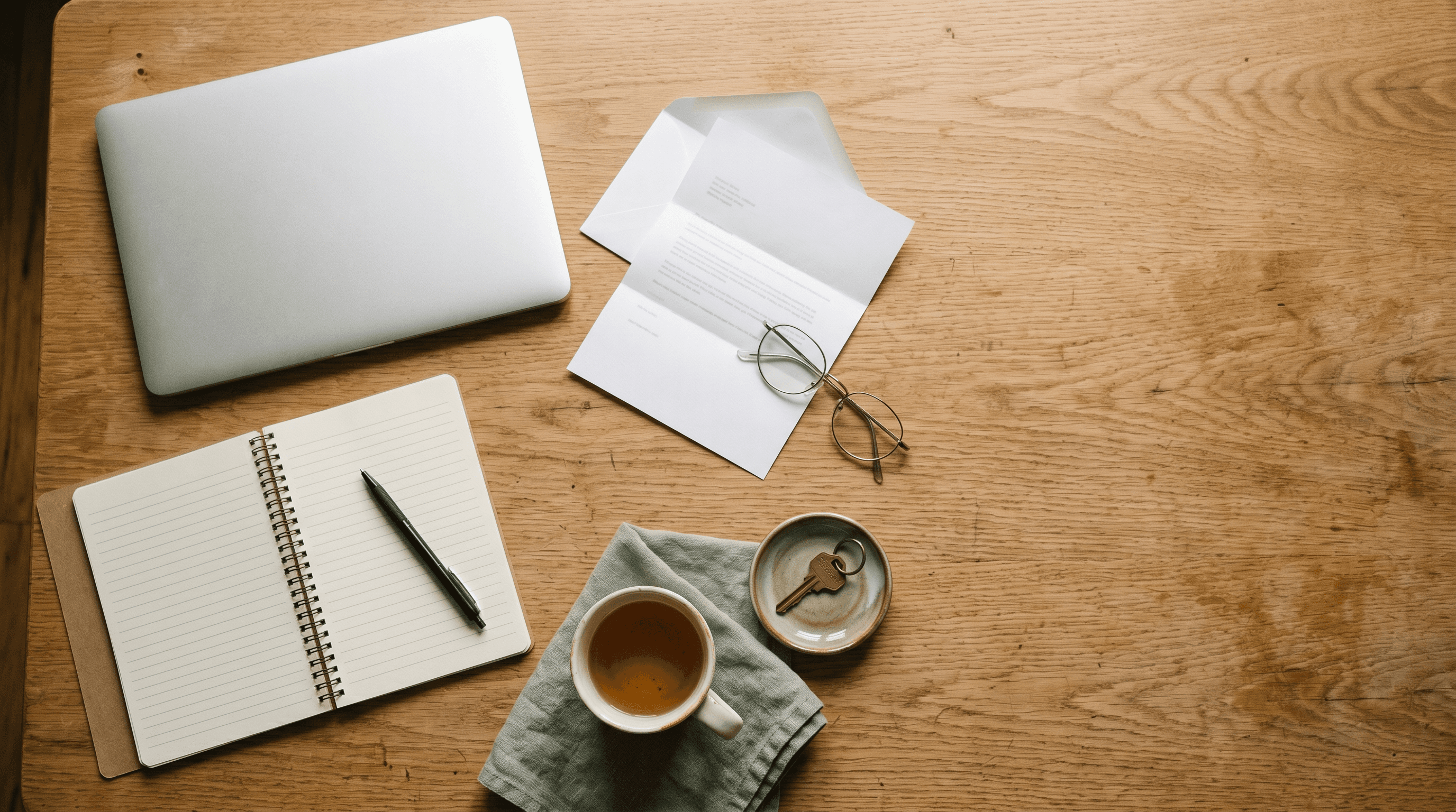 A top-down view of a wooden kitchen table with an open laptop, reading glasses, a ceramic mug of tea, an opened envelope with a folded letter beside it, and a small notebook with a pen, lit by soft morning light from a nearby window.