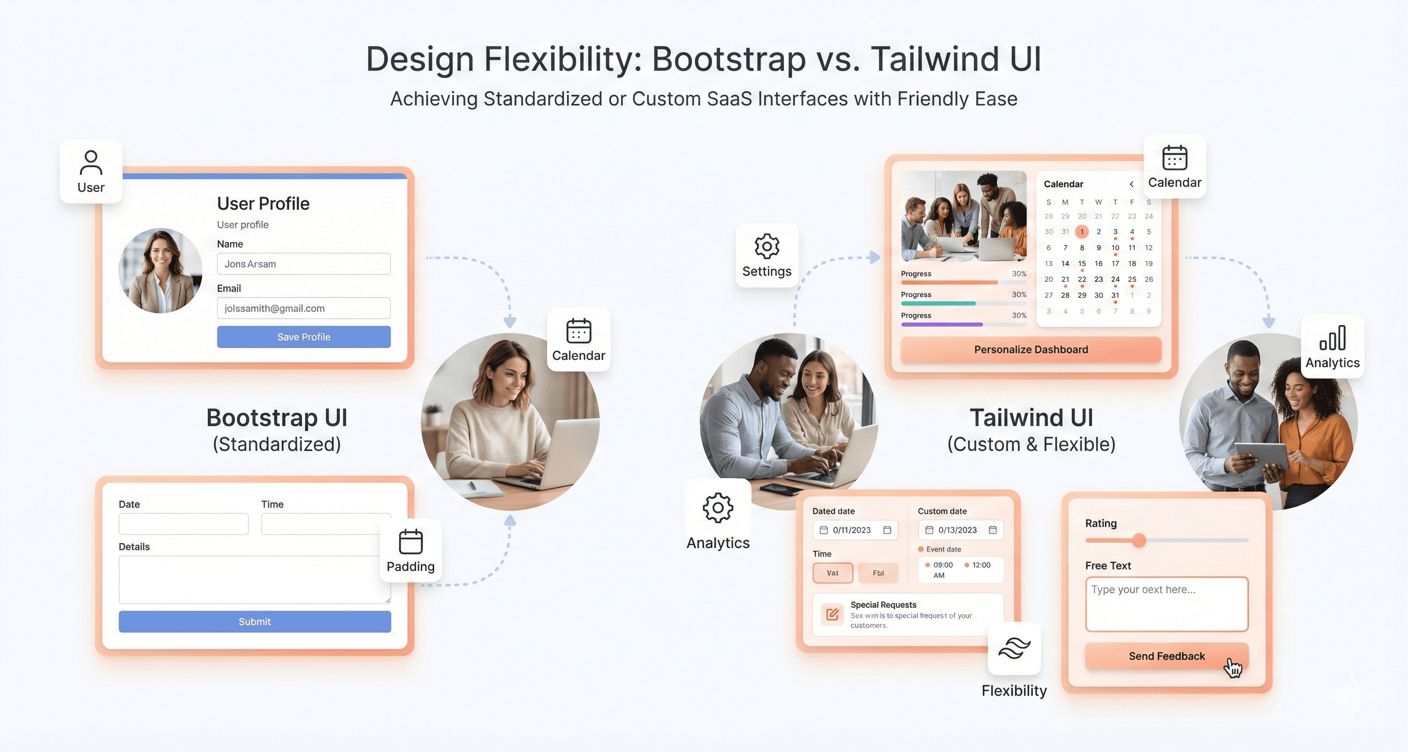 Comparison of design flexibility showing Bootstrap’s standardized UI styles alongside Tailwind’s fully customizable and brand-driven layouts.