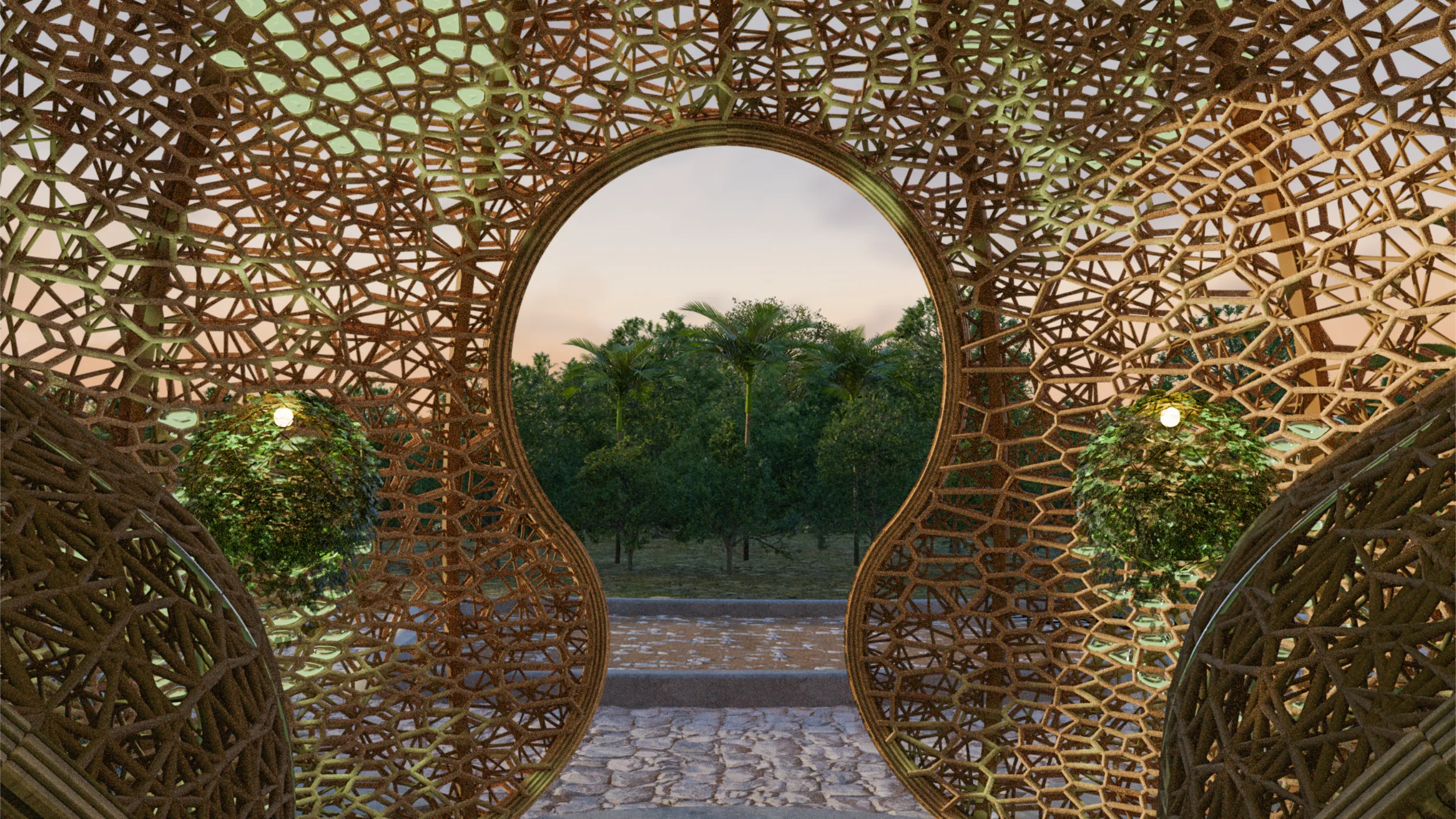 Interior rendering looking out from the bamboo Nido structure, showcasing the intricate woven lattice design created by Arquitectura Mixta for the Hilton resort.