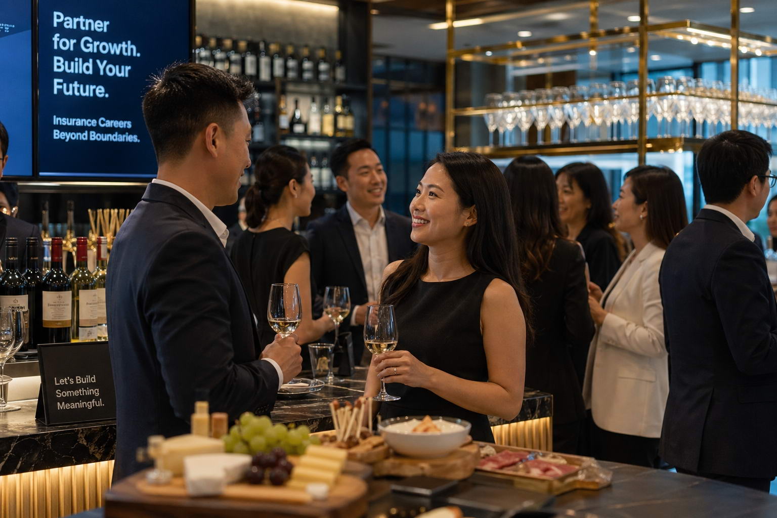 香港保險團隊在高級宴會廳舉行員工獎勵晚宴及慶功活動,專業人士舉杯慶祝。