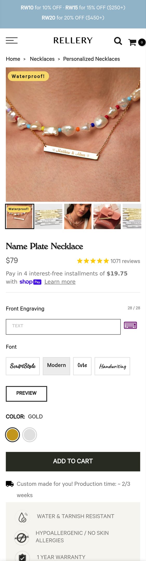 Jewelry product options include: necklace for Name Plate Necklace from Rellery.