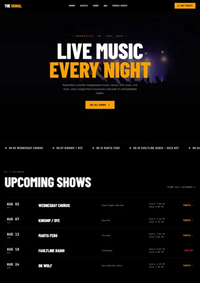 Live music venue website template preview with show listings