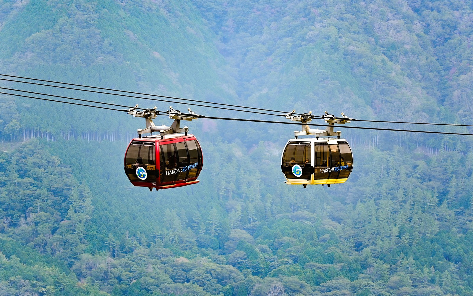 Hakone ropeway cable car ascending over lush green mountains in Japan.