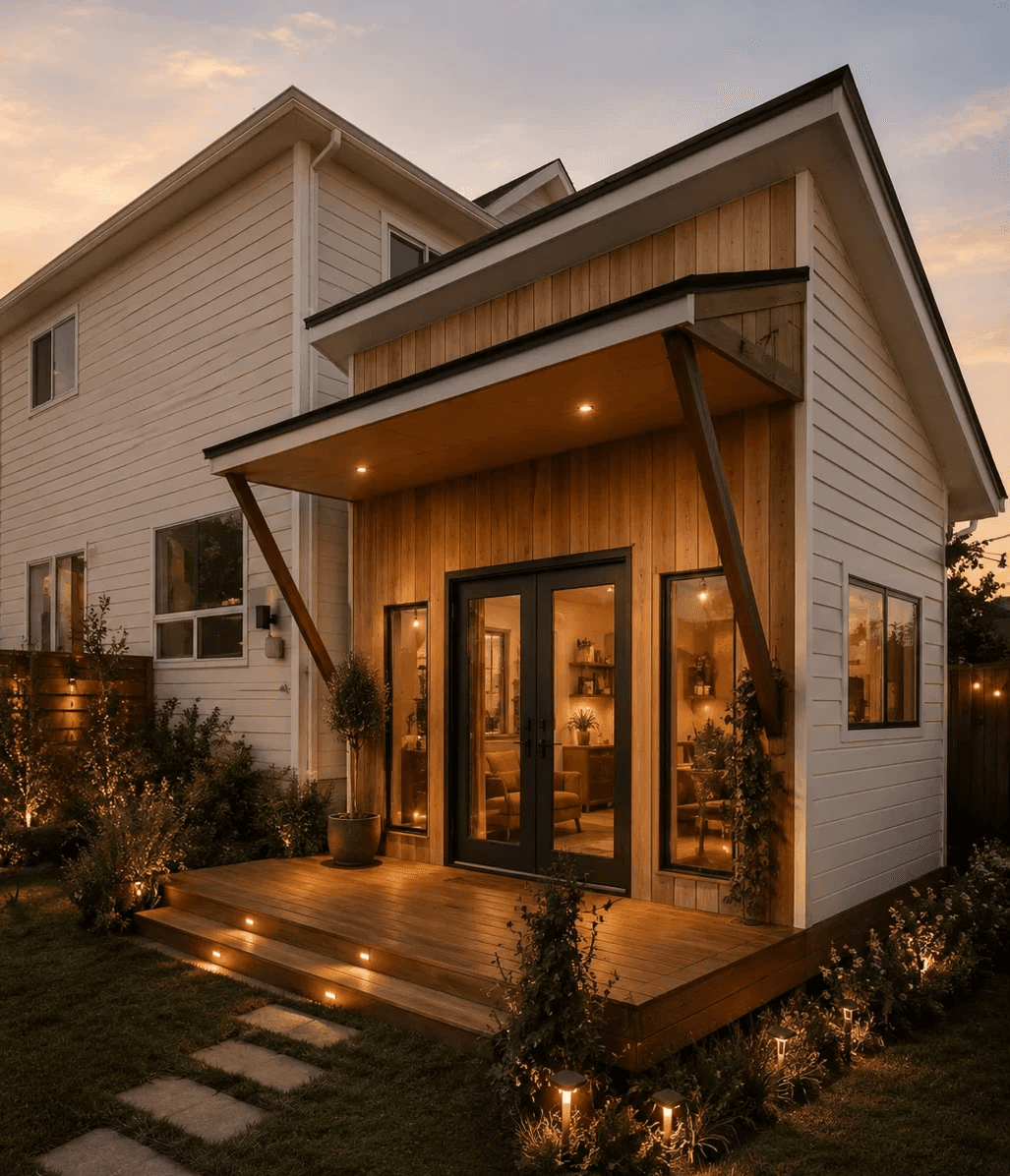 Modern carriage home with warm exterior lighting, covered entryway, landscaped pathway, and contemporary backyard living design by UR-SPACE in Calgary.