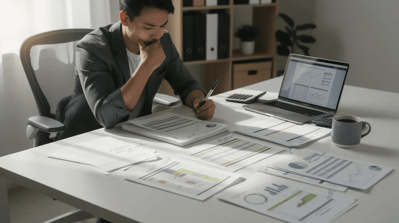 A person sits at a desk surrounded by financial documents, appearing thoughtful and contemplative as they consider their newfound wealth. They may be reflecting on their financial goals, potential tax implications, and the importance of a comprehensive financial plan for long-term financial security.