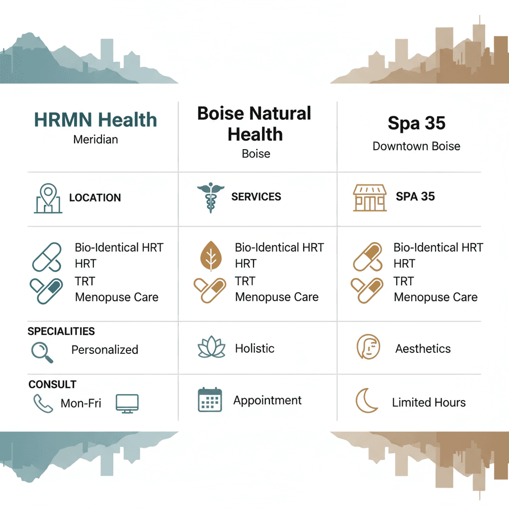 Side-by-side comparison infographic of HRT services at three Boise-area clinics: HRMN Health, Boise Natural Health, and Spa 35, highlighting locations, services, specialties, and availability with icons.
