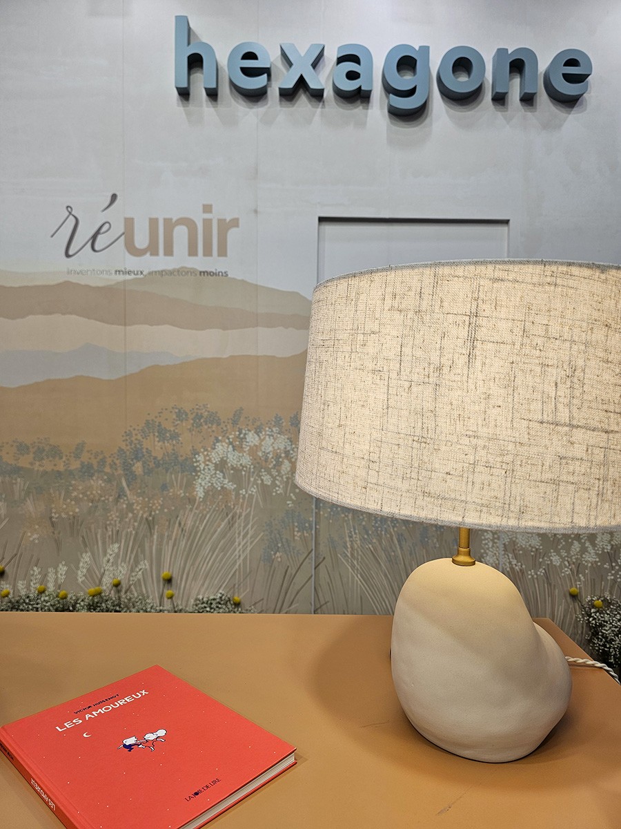 Stand salon hexagone lampe et livre