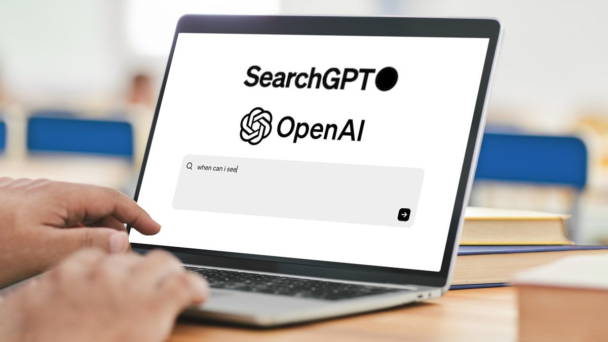 Laptop screen showing OpenAI's SearchGPT interface, with a search bar displaying the query "when can I see". The OpenAI and SearchGPT logos are prominent.