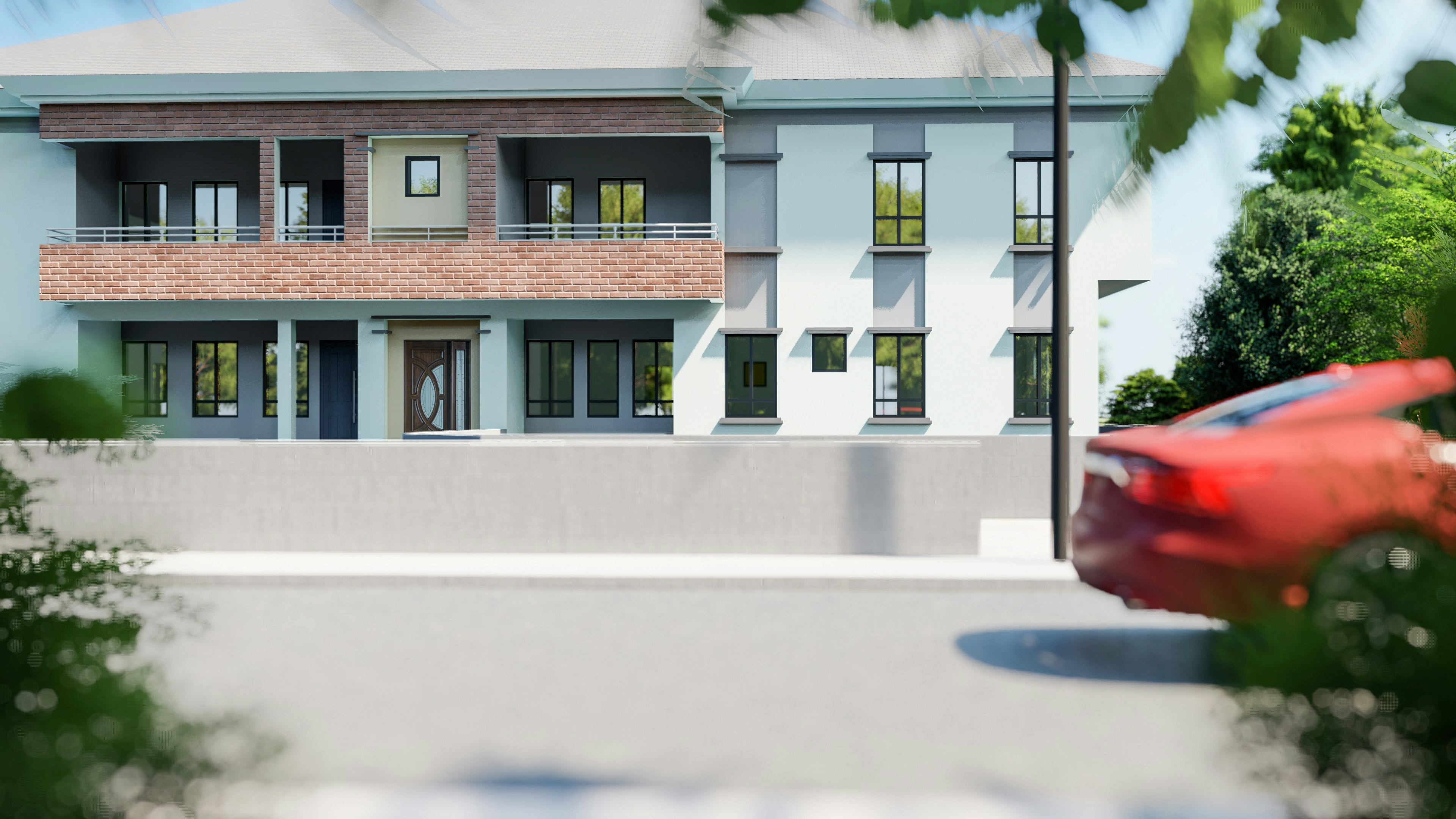 Modern residential building exterior rendered with realistic lighting and materials
