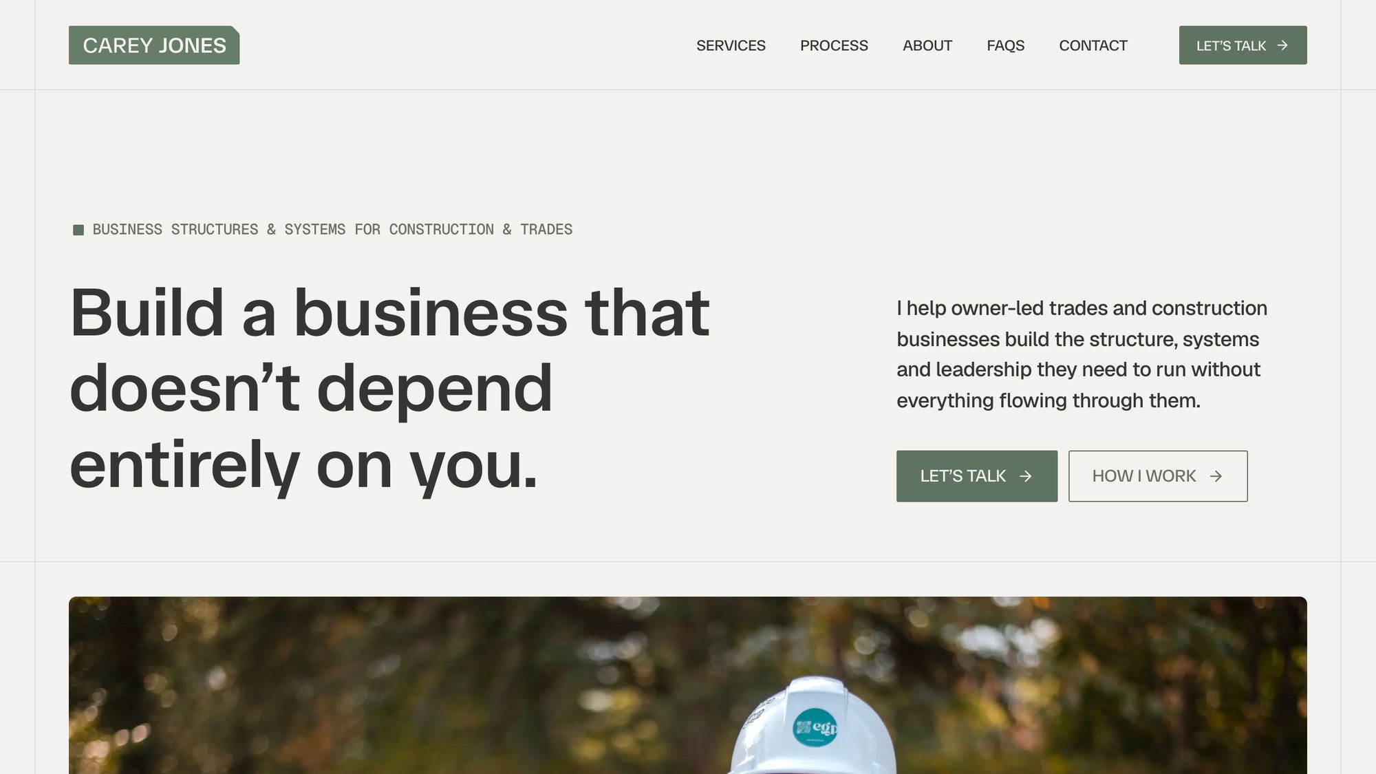 After: the new careyjones.ca homepage, with a Carey Jones logo, a Let's Talk button and the headline Build a business that doesn't depend entirely on you