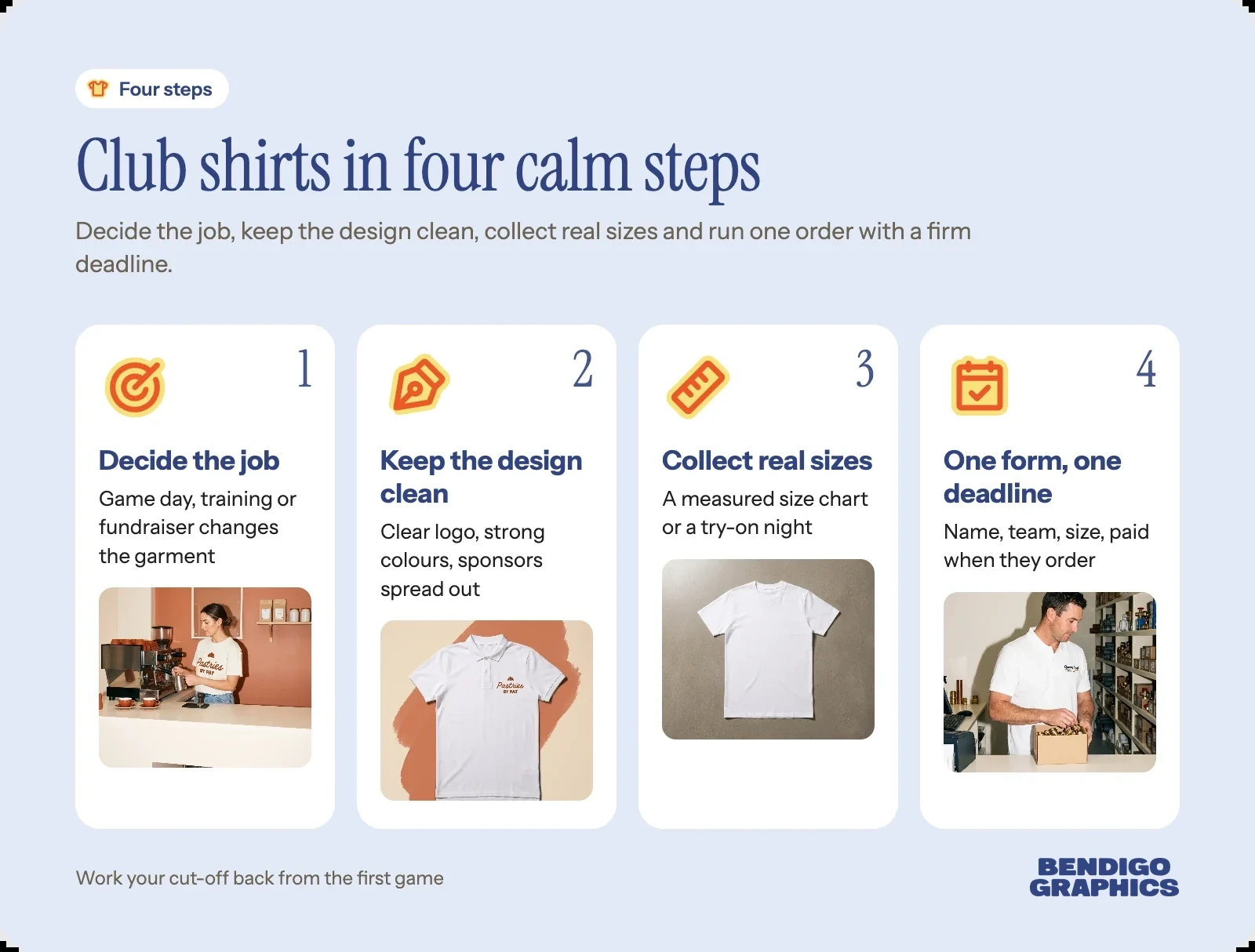 Four steps to ordering club shirts: decide what they are for, keep the design simple, collect real sizes, and run one order with a deadline.