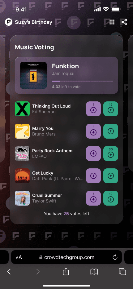 The Funktion App dashboard with the music voting experience on screen