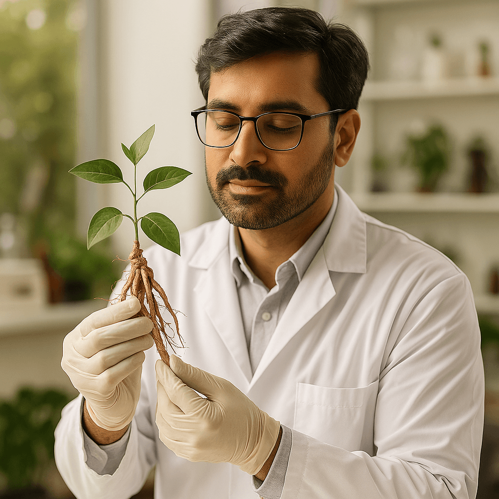 A scientist holding the ashwagandha root
