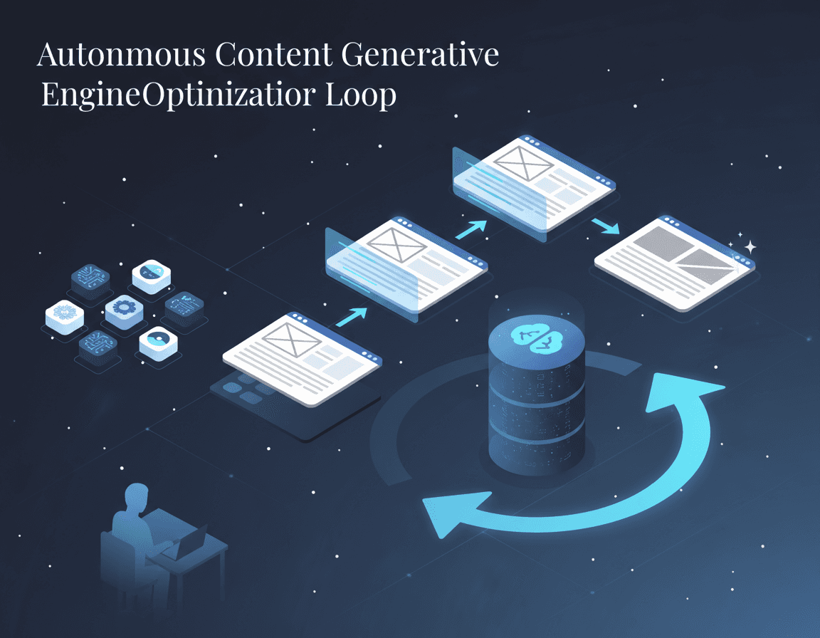 Isometric flow diagram of AI agents scanning, updating, and looping through website pages autonomously.