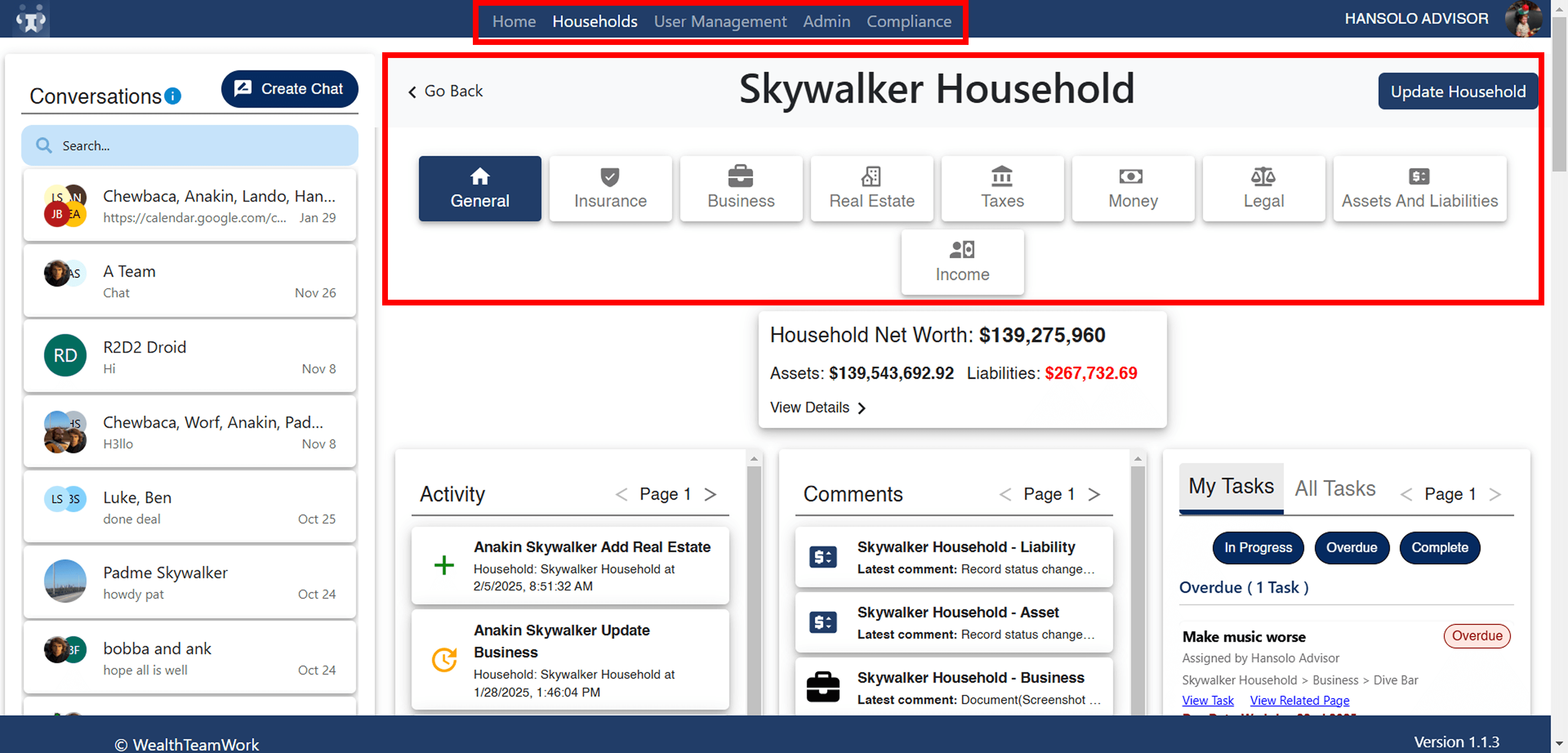 Pre-redesign WealthTeamWork dashboard showing advisor-focused navigation with menus for households, users, admin, and compliance.