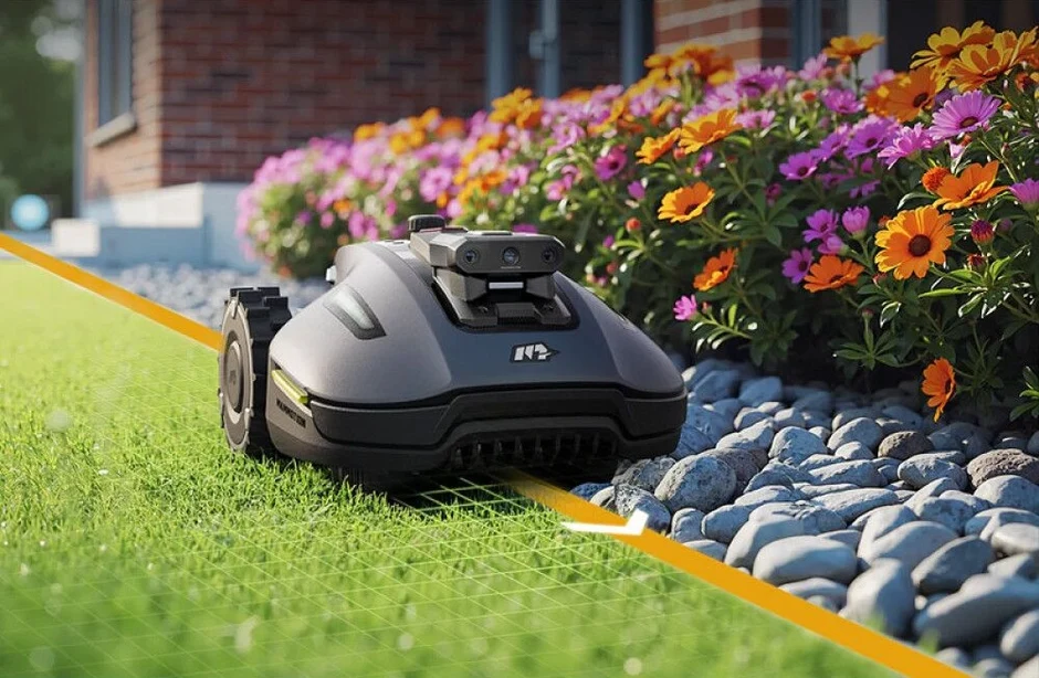 Robotplæneklipper kører langs kanten af en græsplæne ved et blomsterbed.