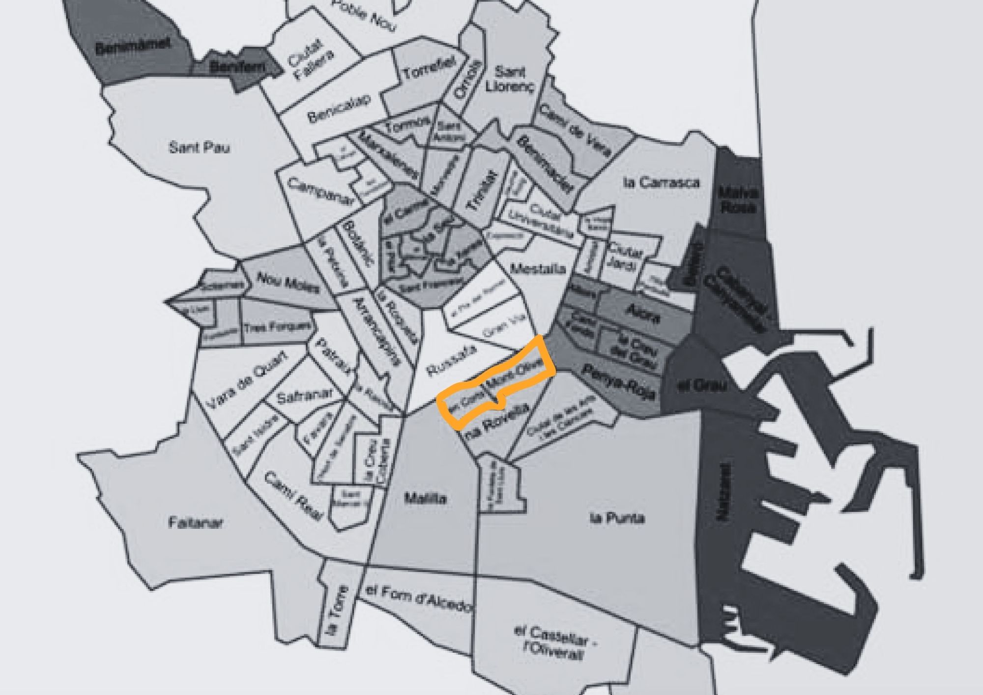 Locatin of Monteolivete and En Corts districts on the map of Valencia city 