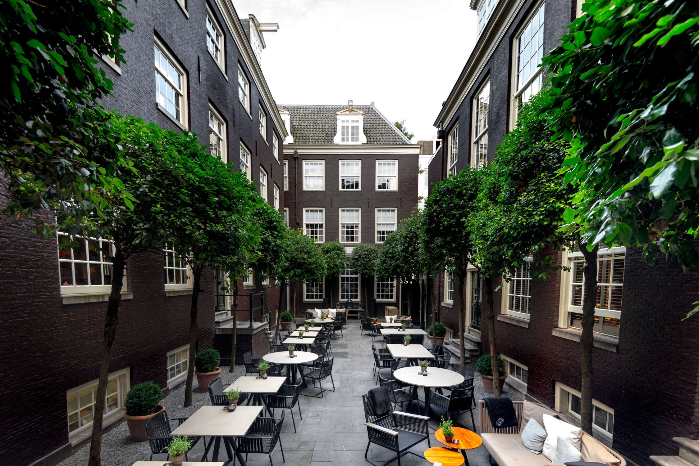 An outdoor courtyard cafe with tables and chairs set under green vines on brick walls facing a central building.