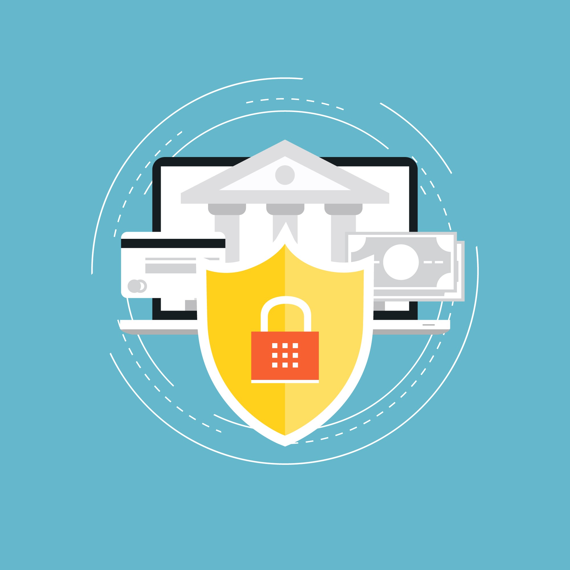 An illustration of a desktop, card, and cash protected with a lock, presenting payroll data security. 