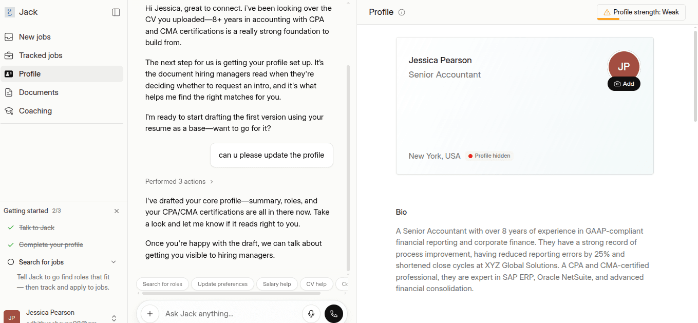 Jack and Jill profile drafted from a resume, showing a bio with quantified accounting achievements