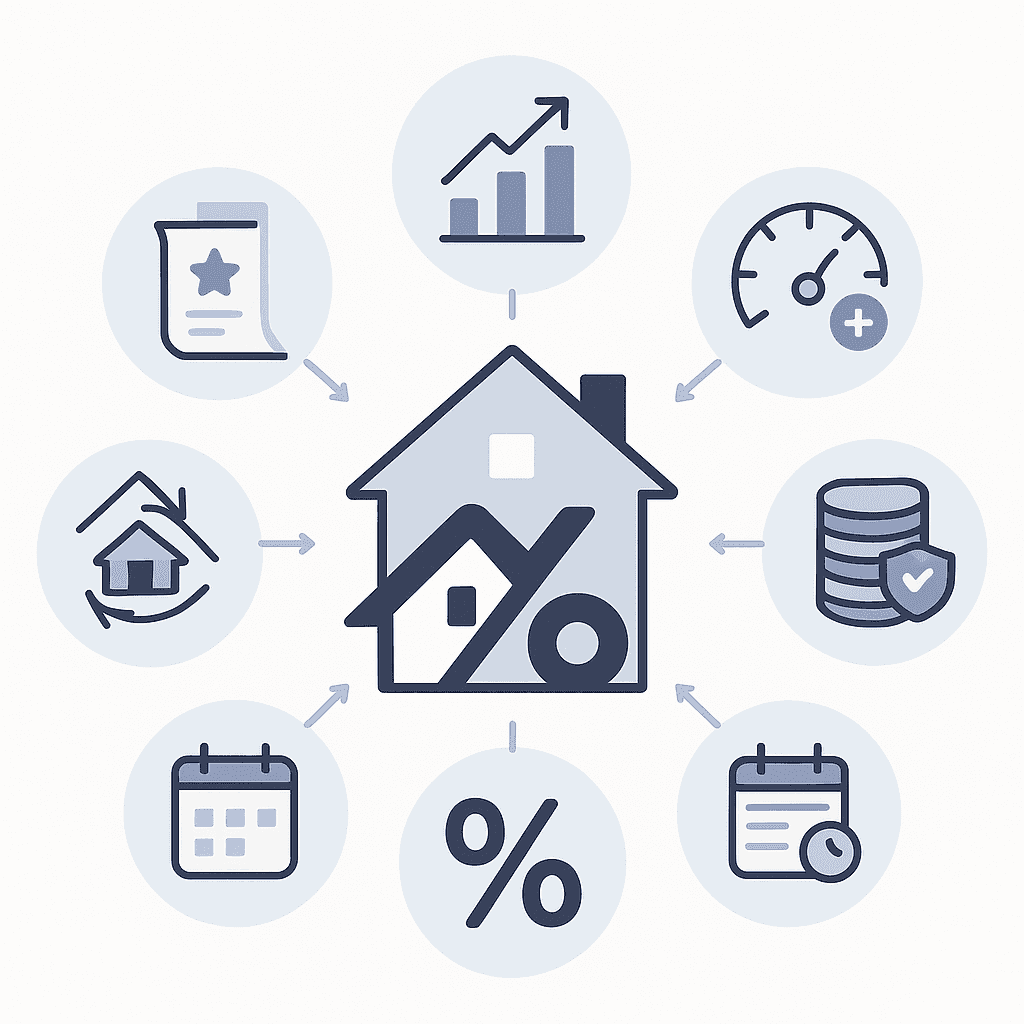 Diagram of six economic and borrower factors converging on a house icon to illustrate Plano mortgage rate drivers