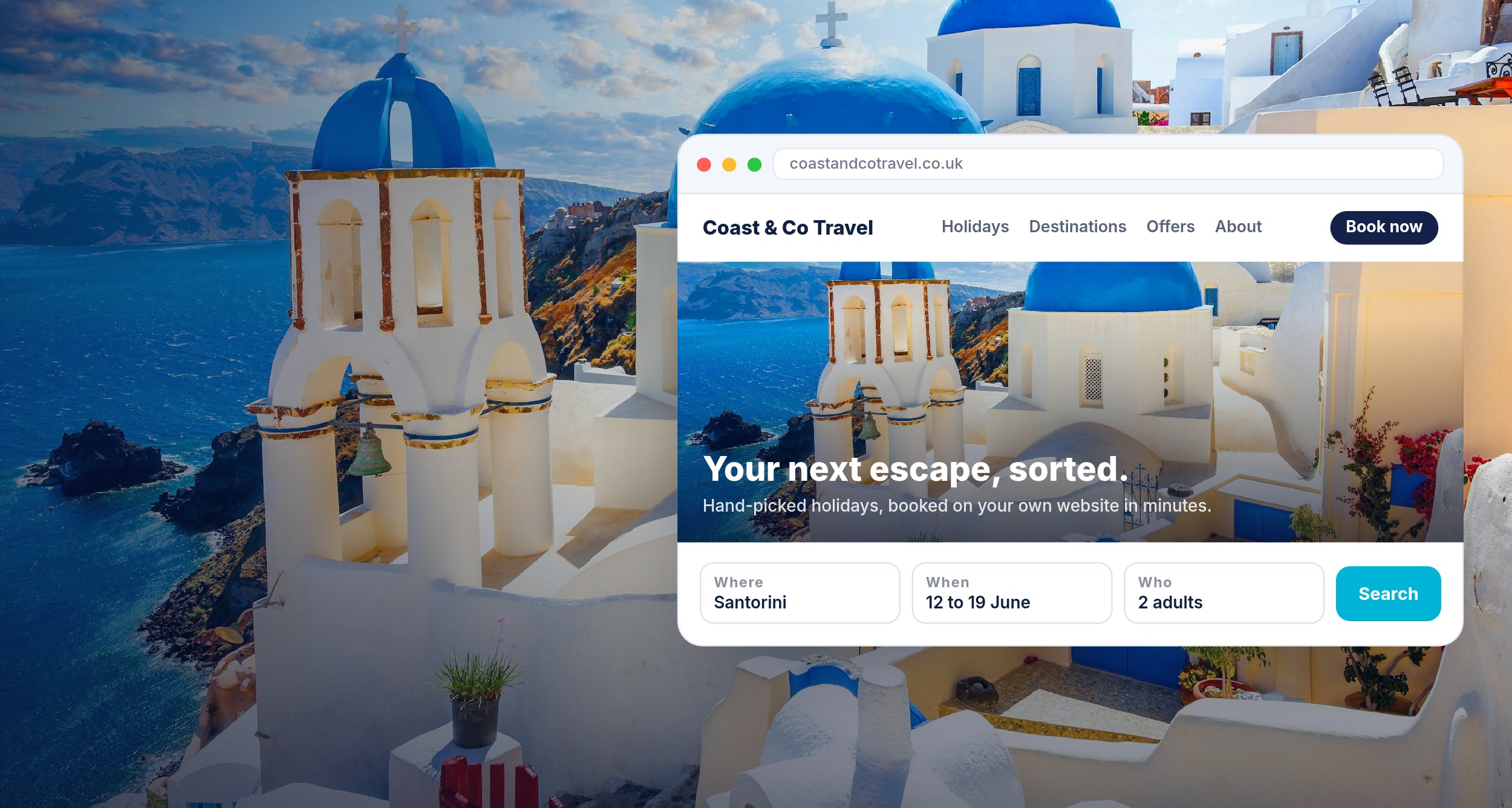 A travel agency website over Santorini