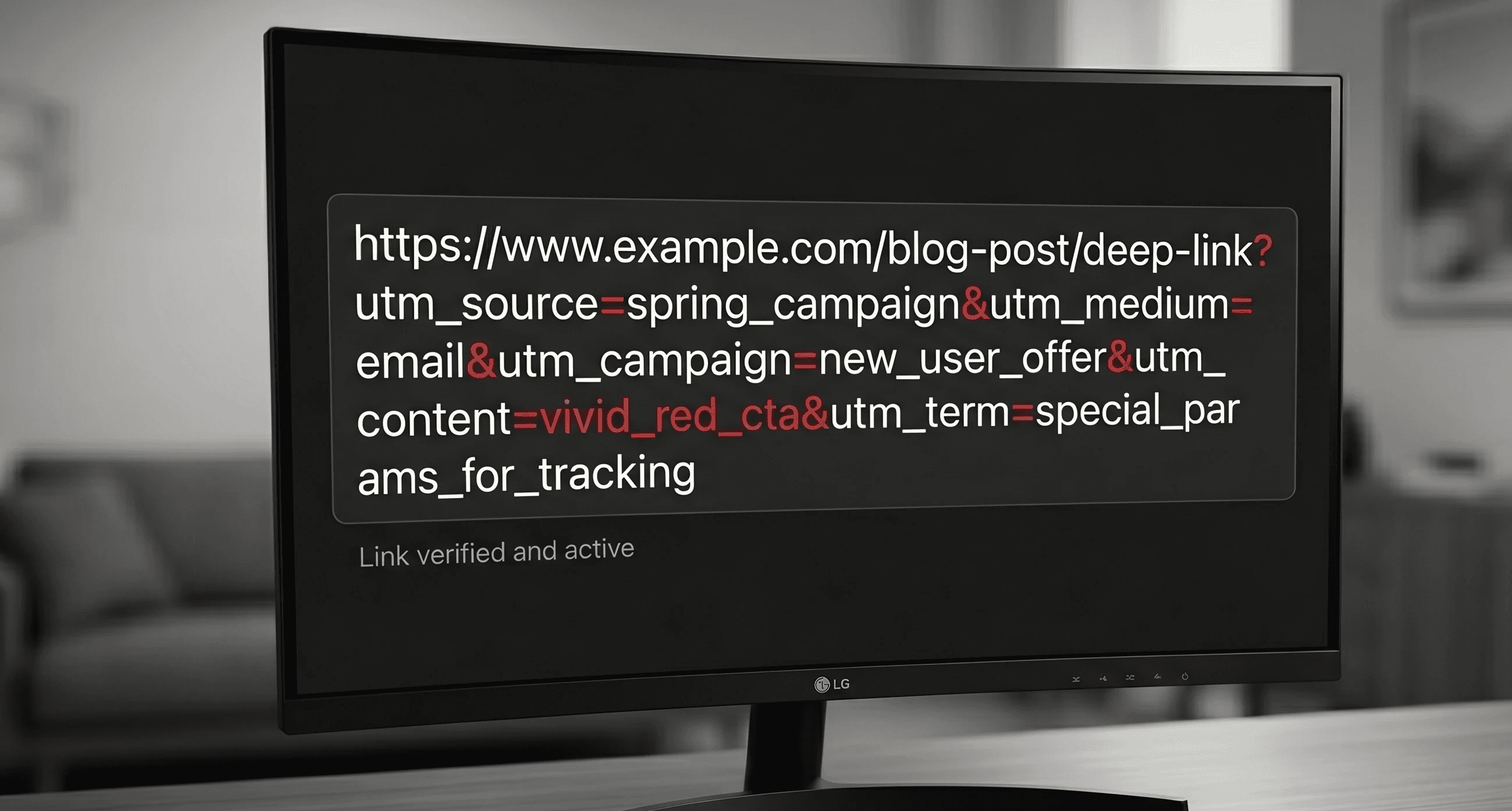 UTM tracking link with parameters displayed on a computer screen