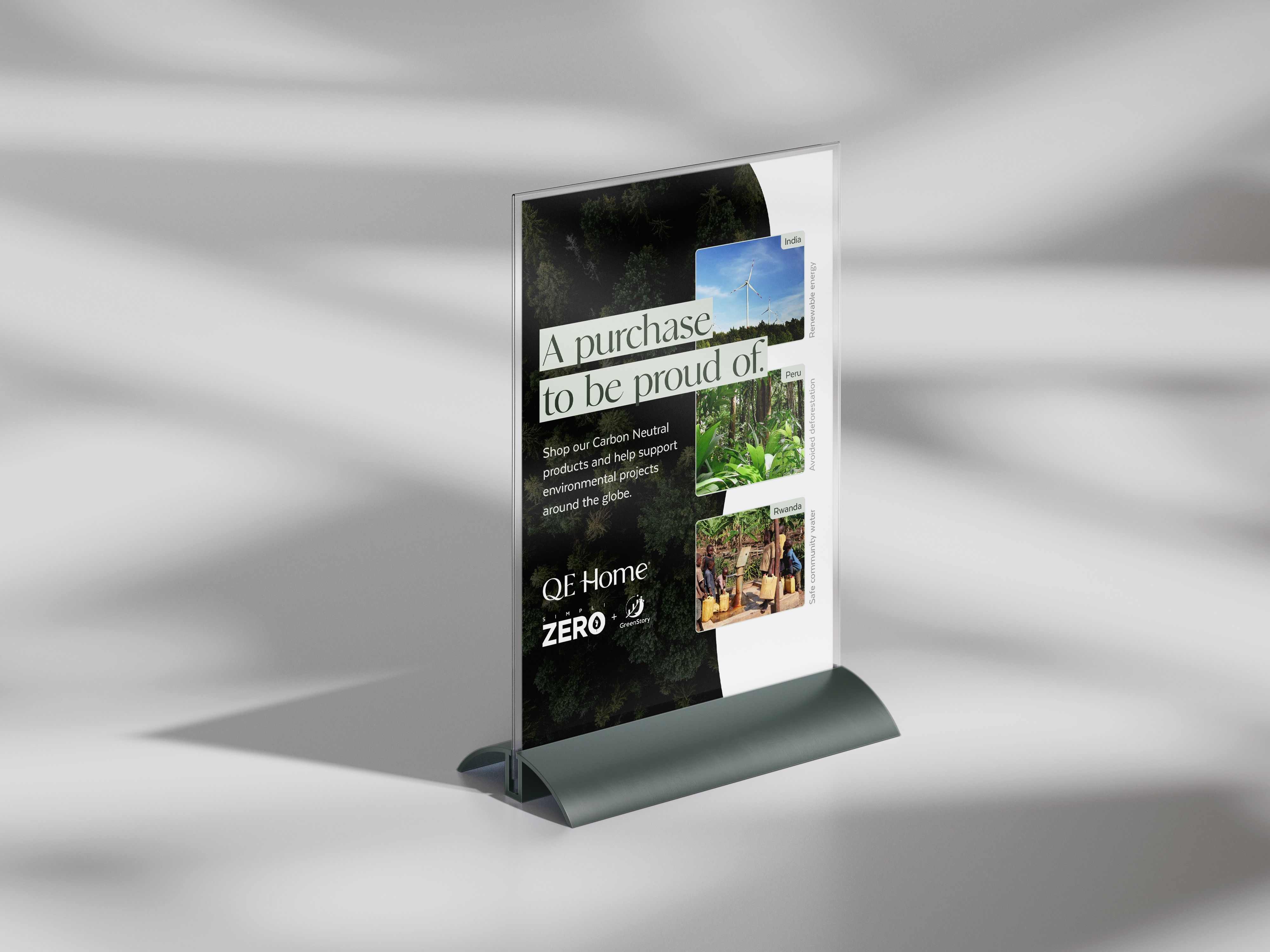 QE Home cash desk sign for the Zero sustainability initiative — A Purchase to Be Proud Of